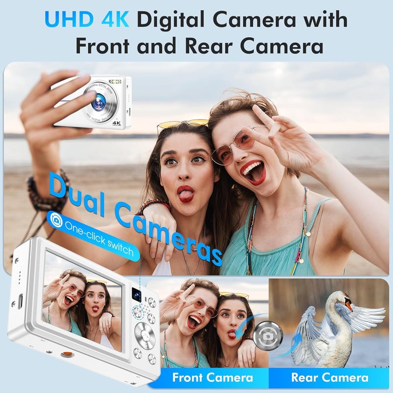 Froitx 4K Digital Camera, 64MP Autofocus Vlogging Camera with Dual Lens, 16X Digital Zoom YouTube Compact Travel Point Shoot Camera for Teens Beginner, Anti-Shake,2 Batteries, 32GB Card (White) - Image 4